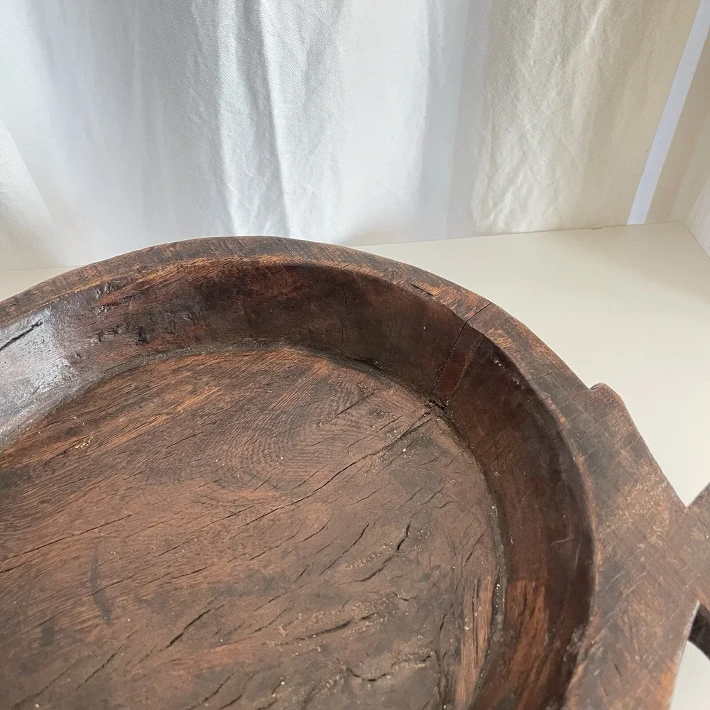 Vtg Wood Dough Bowl Rustic Hand Carved Primitive Wooden Handled Trough Knead 17